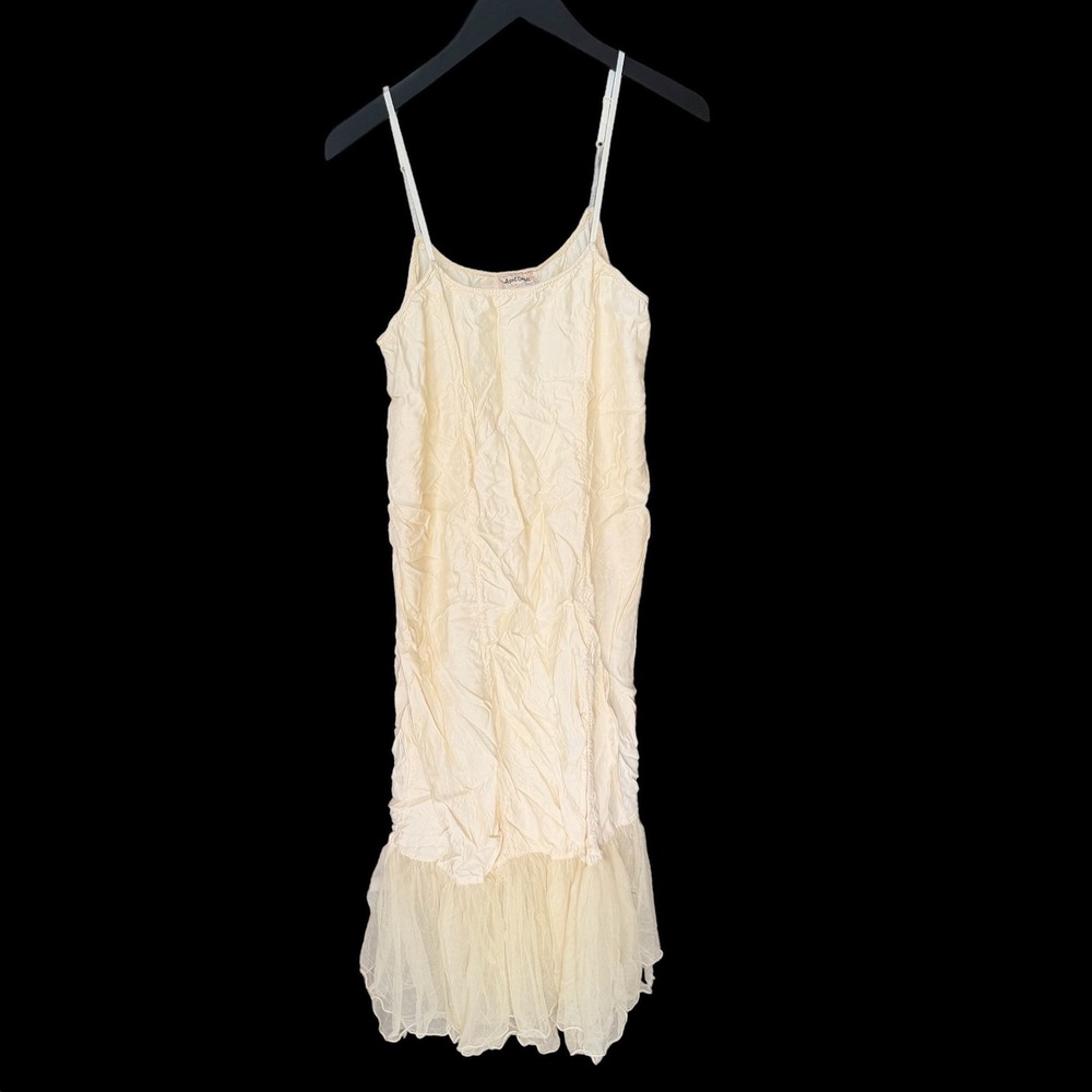 50's April Cornell Cream Crinkle Tulle Ruffle Hem Midi Slip Dress Womens Medium
